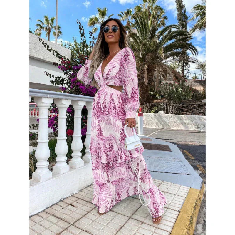 Women’s Printed Long Sleeve Maxi Dress with Cut-Out Waist