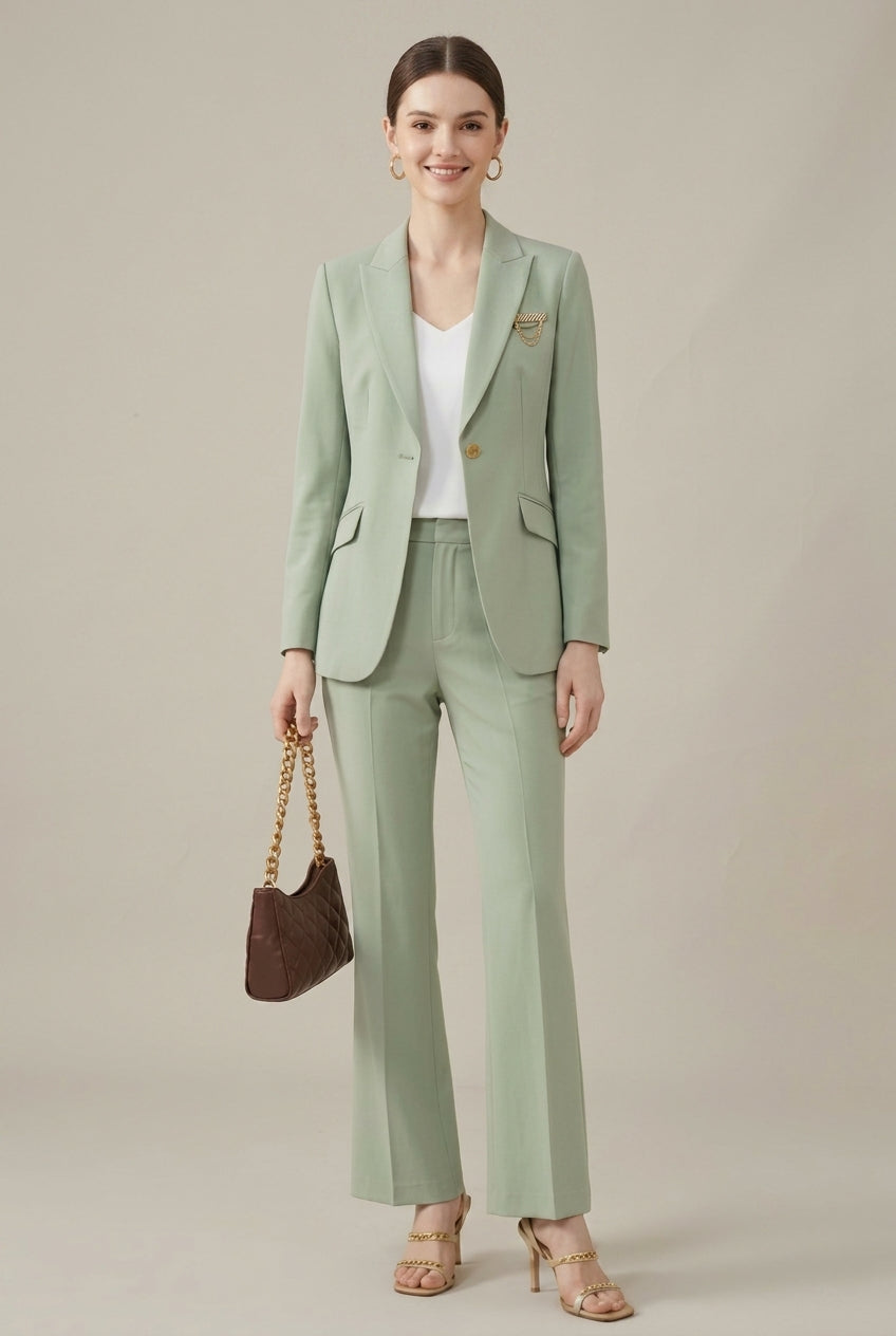 Women's Tailored Shawl Collar Blazer and Straight-Leg Trouser Set - Single-Breasted with Gold-Tone Buttons