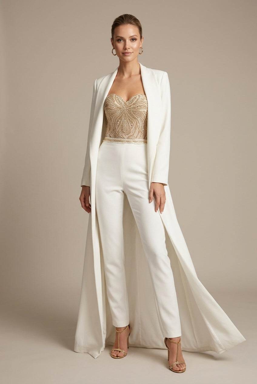 Women's Dressy Jumpsuit - Strapless Sweetheart Neck - Sequin Embellished Bodice - Straight Leg