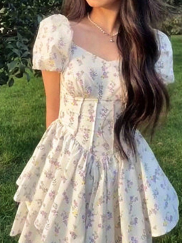 Women's Floral Tiered Ruffle Mini Dress - Sweetheart Neckline with Short Puff Sleeves and Corset Bodice