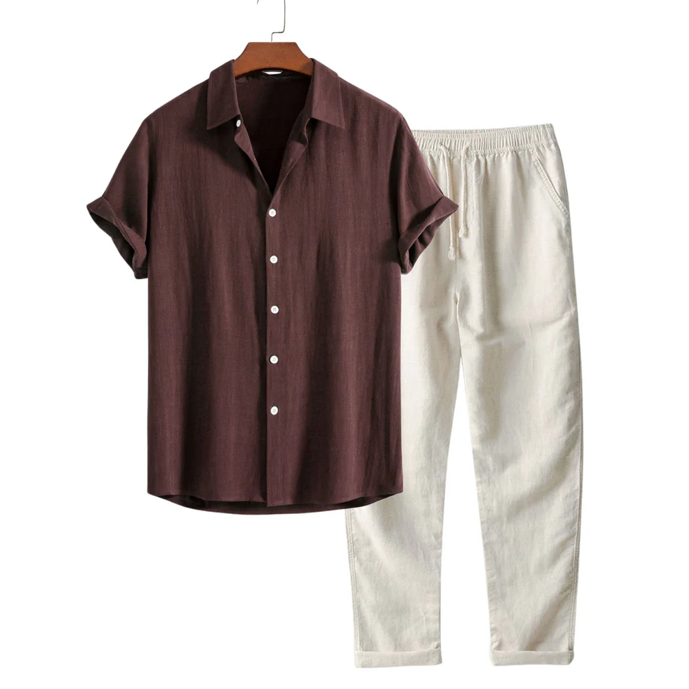 Men's Linen Blend Two-Piece Set - Casual Summer Short-Sleeve Button-Down Shirt and Drawstring Trousers