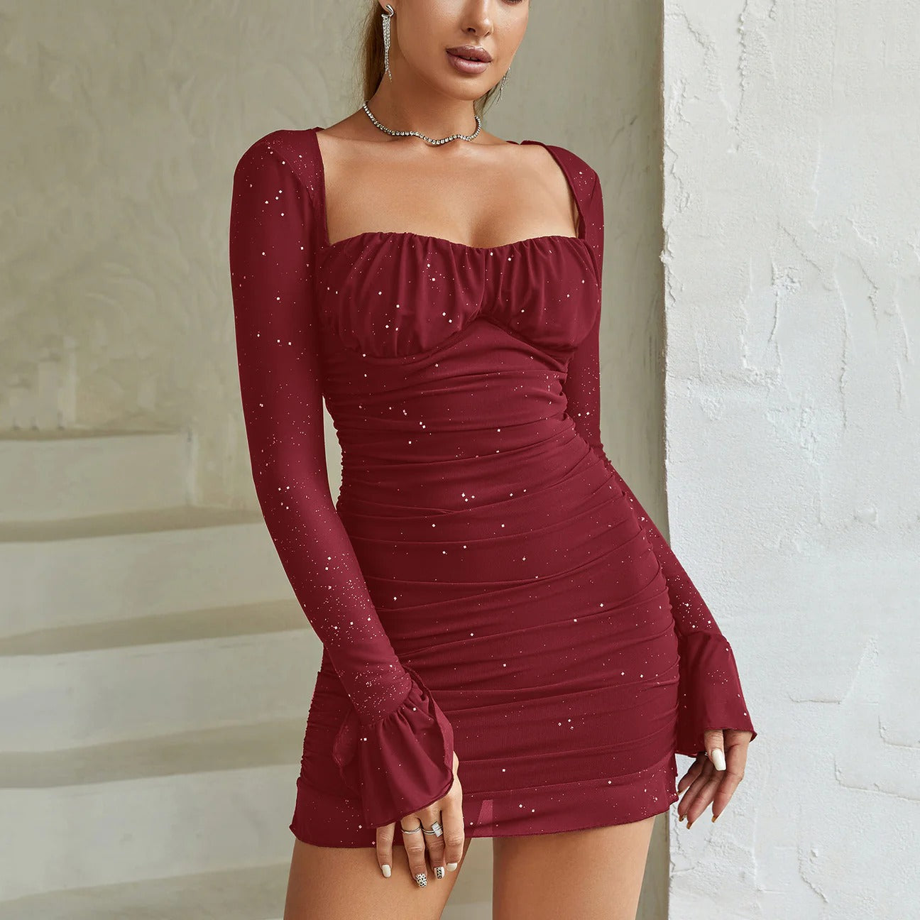 Women’s Long Sleeve Square Neck Mini Dress with Ruched Detail and Flared Cuffs