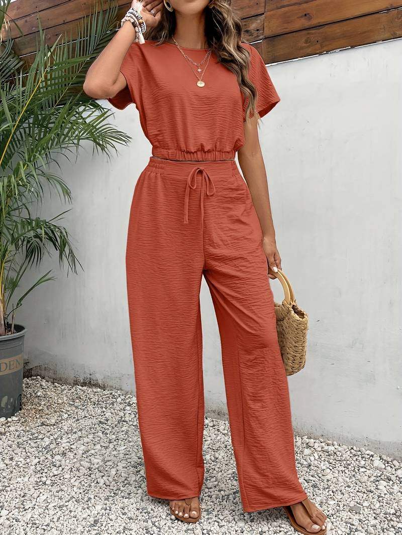 Women’s Short Sleeve Crop Top and Wide Leg Drawstring Trousers Two-Piece Set