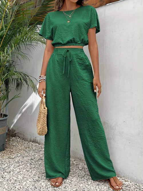 Women’s Short Sleeve Crop Top and Wide Leg Drawstring Trousers Two-Piece Set