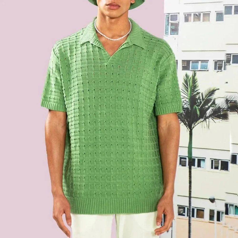 Men's Knit Polo Shirt - Open V-Neck Collar - Waffle Texture - Short Sleeve - Polo Clothing