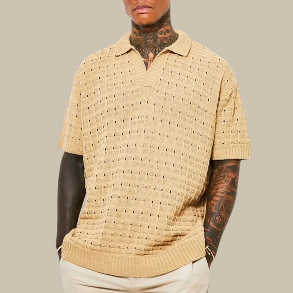 Men's Knit Polo Shirt - Open V-Neck Collar - Waffle Texture - Short Sleeve - Polo Clothing