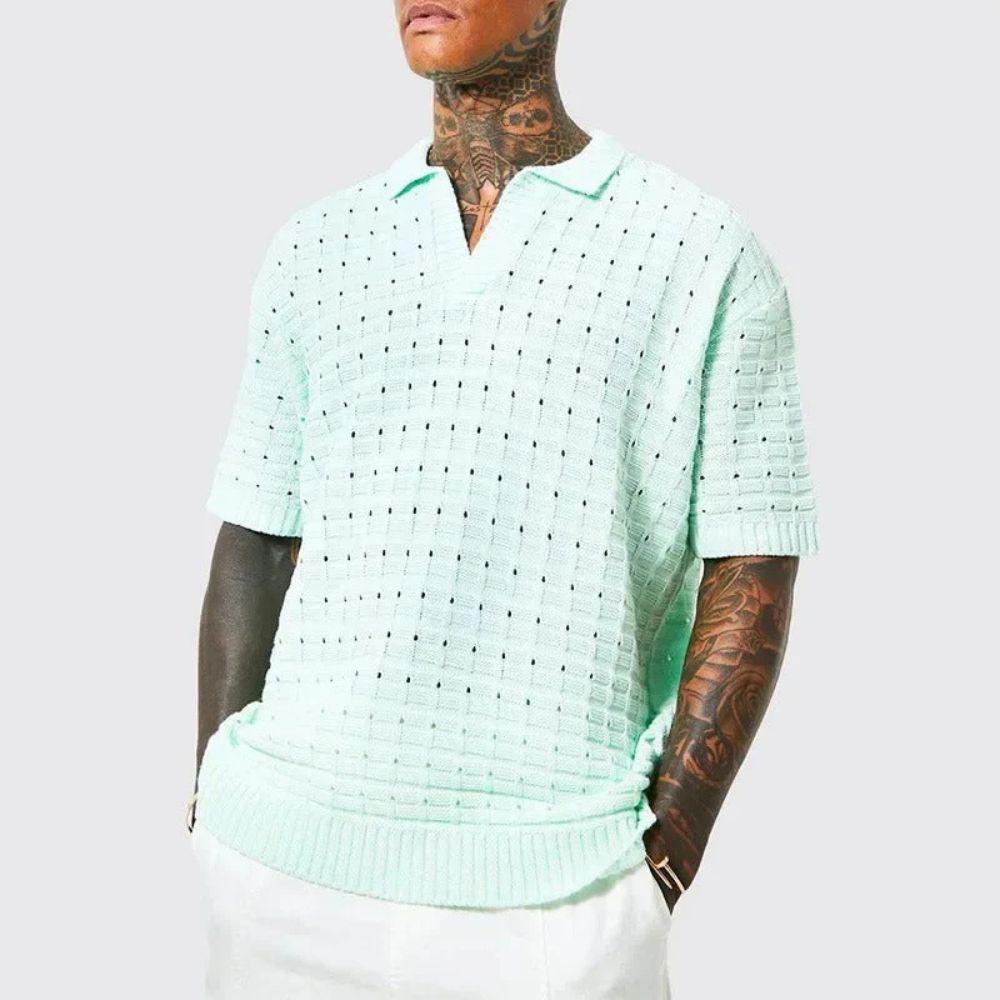 Men's Knit Polo Shirt - Open V-Neck Collar - Waffle Texture - Short Sleeve - Polo Clothing