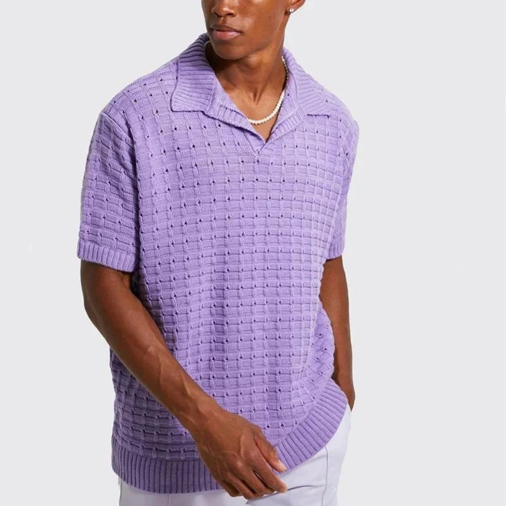 Men's Knit Polo Shirt - Open V-Neck Collar - Waffle Texture - Short Sleeve - Polo Clothing