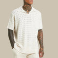 Men's Knit Polo Shirt - Open V-Neck Collar - Waffle Texture - Short Sleeve - Polo Clothing