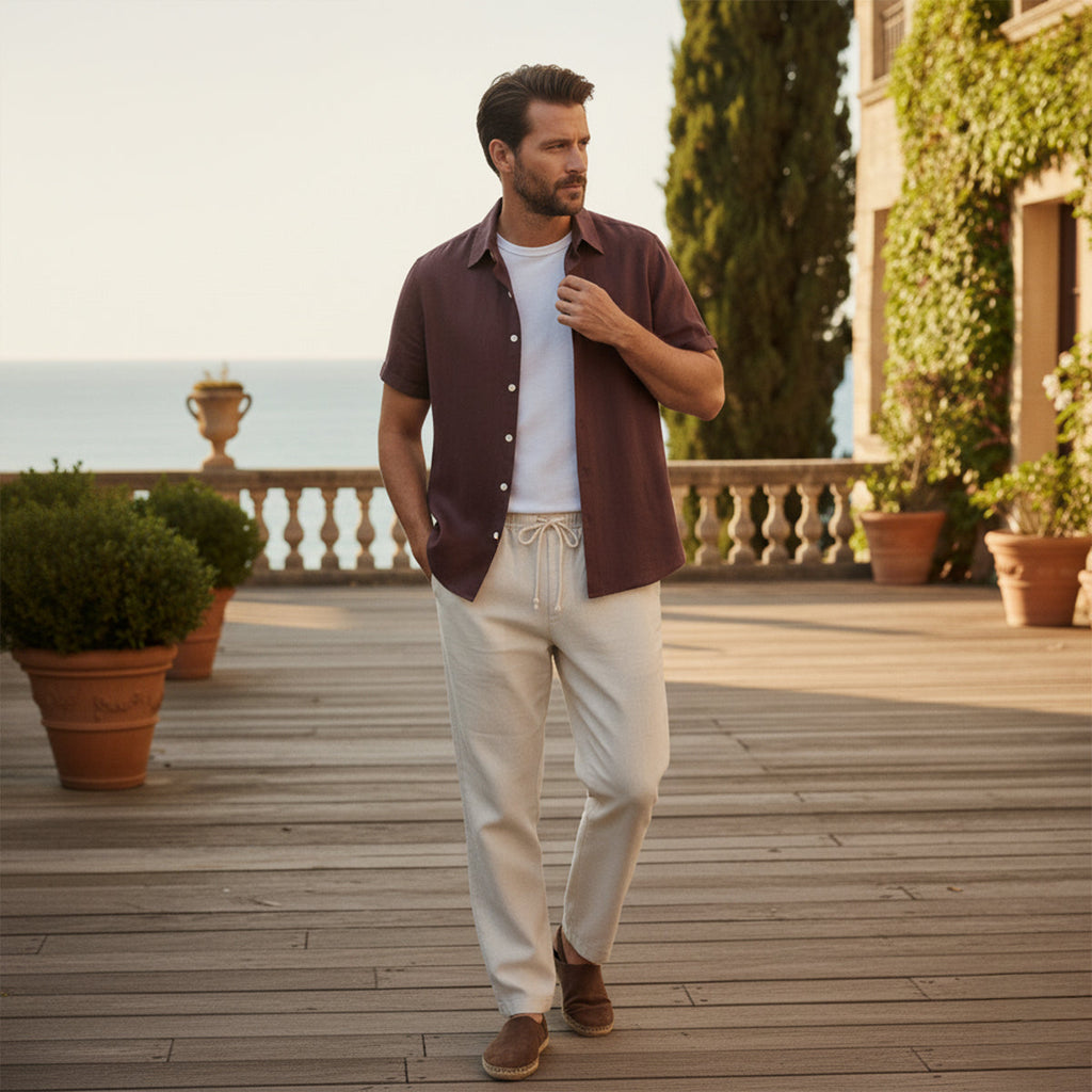 Men's Linen Blend Two-Piece Set - Casual Summer Short-Sleeve Button-Down Shirt and Drawstring Trousers