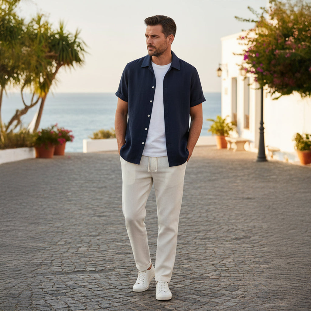 Men's Linen Blend Two-Piece Set - Casual Summer Short-Sleeve Button-Down Shirt and Drawstring Trousers