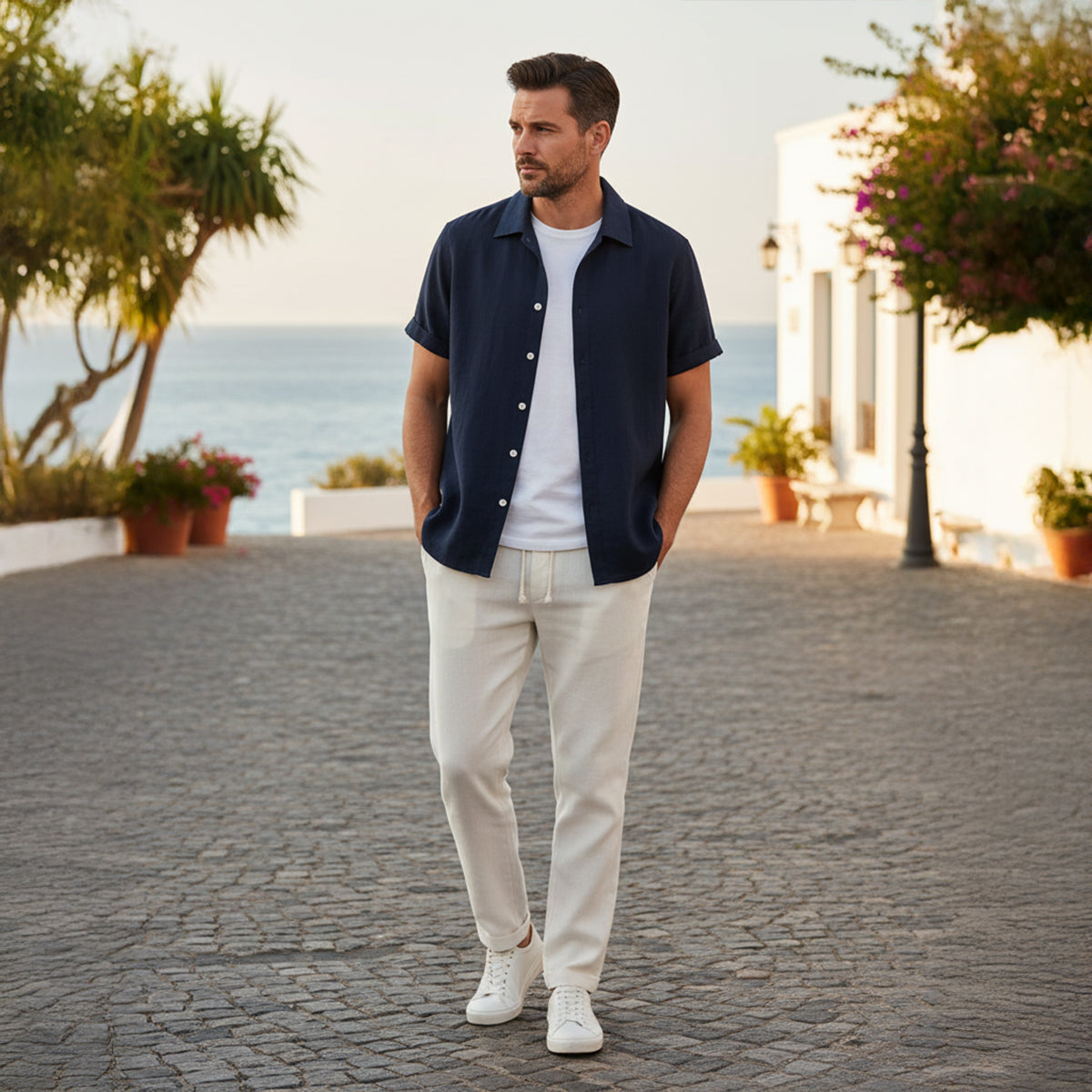 Men's Linen Blend Two-Piece Set - Casual Summer Short-Sleeve Button-Down Shirt and Drawstring Trousers