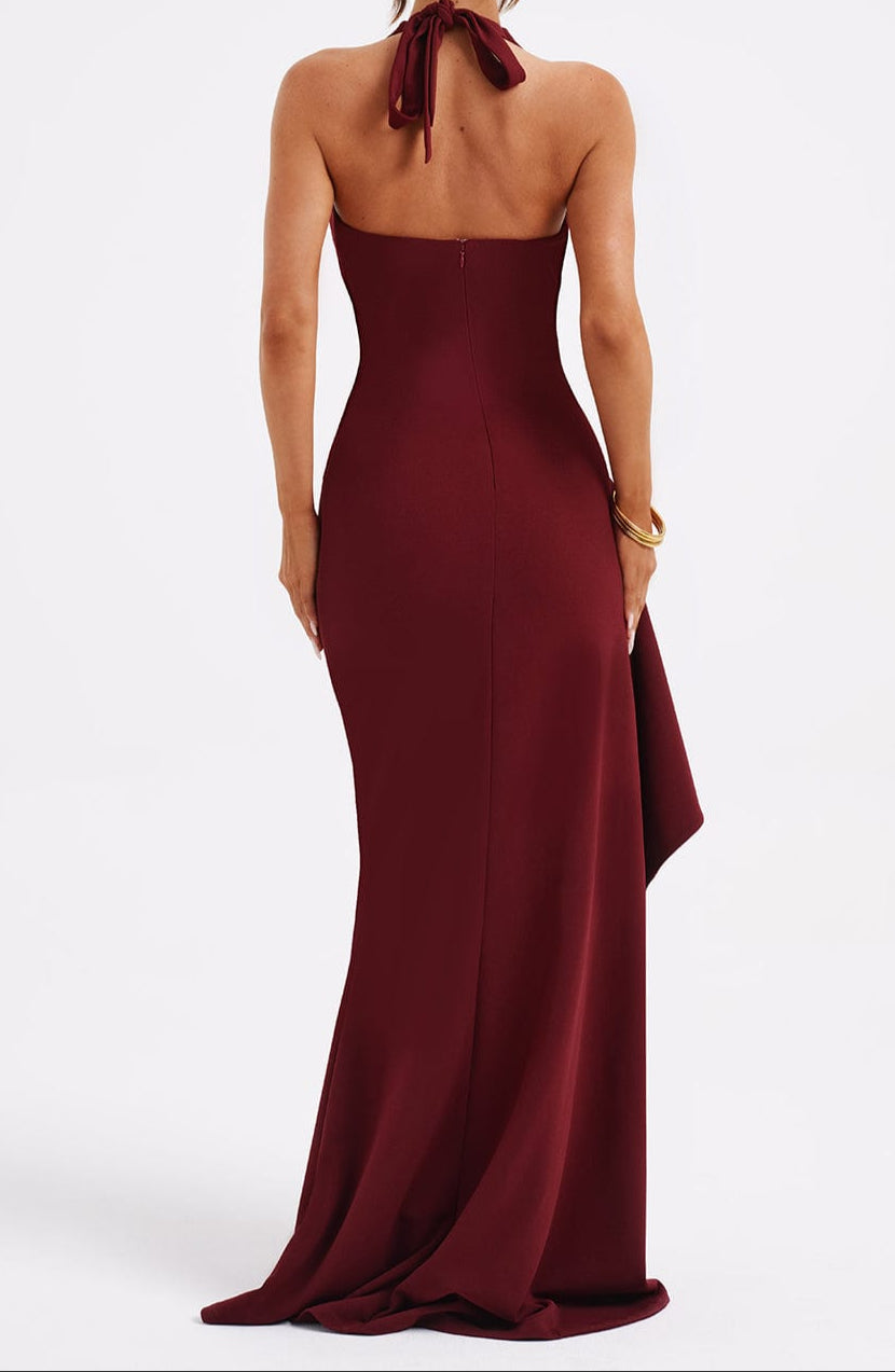 Women's Halter Neck Maxi Dress - Deep Plunge V-Neck with Open Back and High Front Split