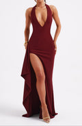 Women's Halter Neck Maxi Dress - Deep Plunge V-Neck with Open Back and High Front Split
