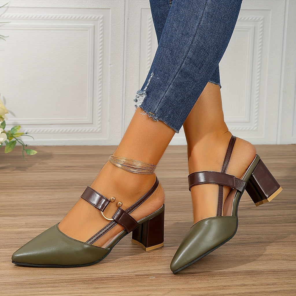 Women's Block Heel Slingback Court Shoes - Pointed Toe Two-Tone Heels with Contrast Vamp Strap and Gold Ring