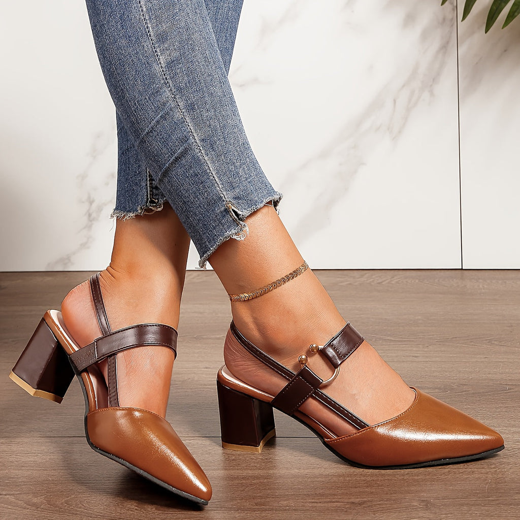 Women's Block Heel Slingback Court Shoes - Pointed Toe Two-Tone Heels with Contrast Vamp Strap and Gold Ring