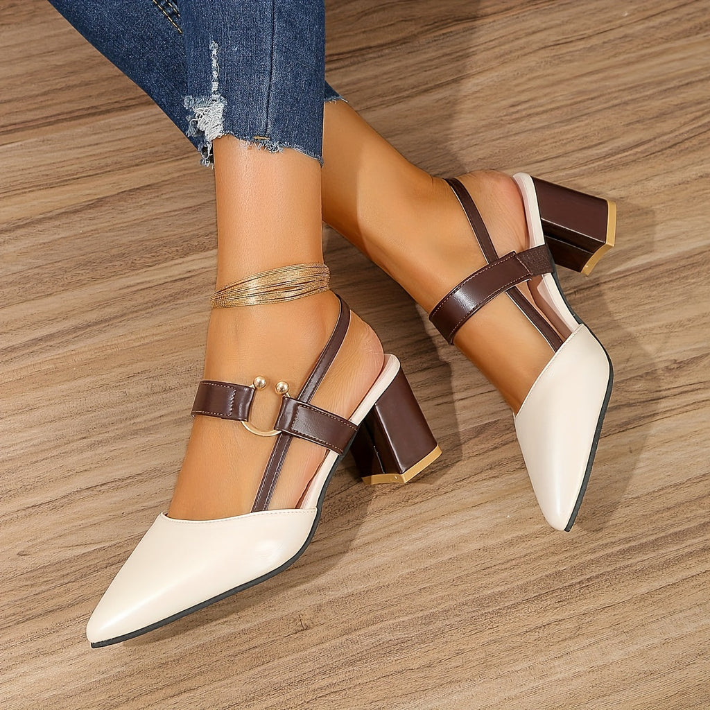 Women's Block Heel Slingback Court Shoes - Pointed Toe Two-Tone Heels with Contrast Vamp Strap and Gold Ring