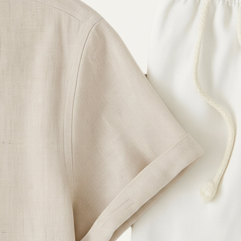 Men's Linen Blend Two-Piece Set - Casual Summer Short-Sleeve Button-Down Shirt and Drawstring Trousers