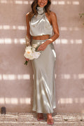 Women's Satin Two Piece Set - Halter Neck Crop Top and Draped Maxi Skirt
