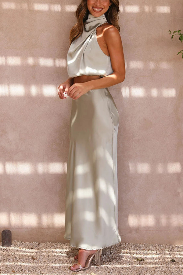 Women's Satin Two Piece Set - Halter Neck Crop Top and Draped Maxi Skirt