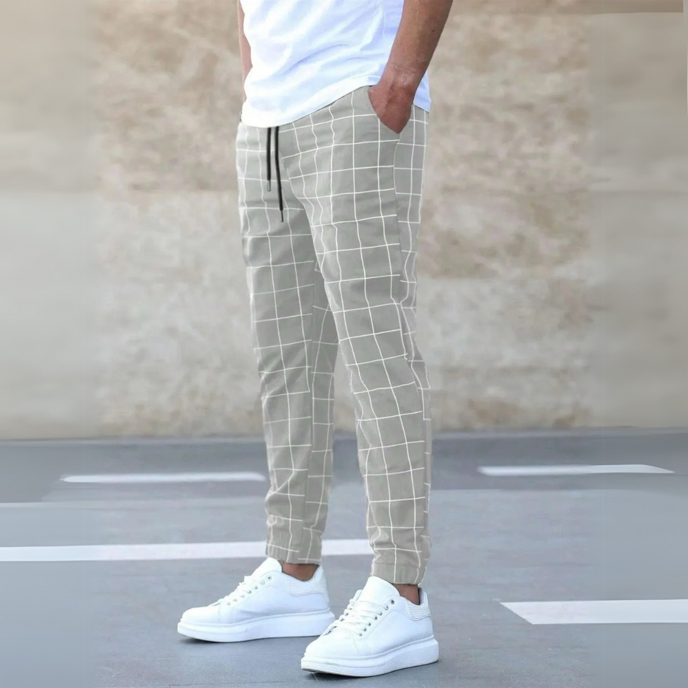 Men's Windowpane Check Chino Trousers - Slim Fit Tapered Pants with Elastic Drawstring Waist and Ribbed Cuffs