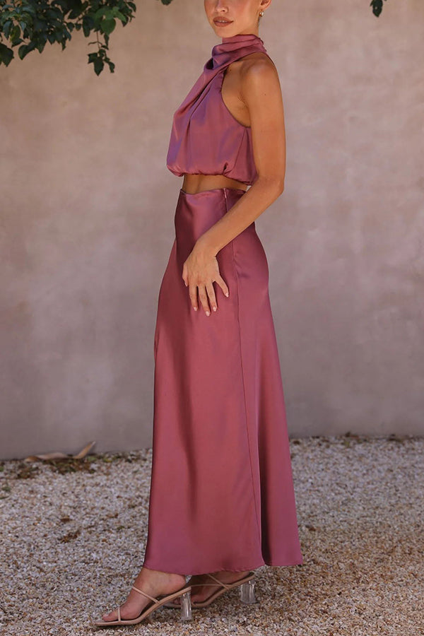 Women's Satin Two Piece Set - Halter Neck Crop Top and Draped Maxi Skirt