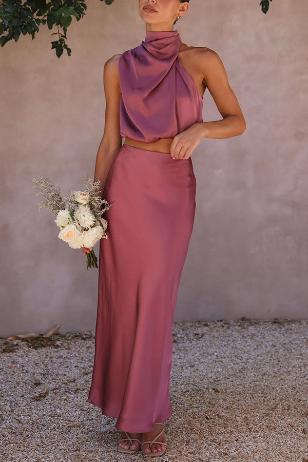 Women's Satin Two Piece Set - Halter Neck Crop Top and Draped Maxi Skirt