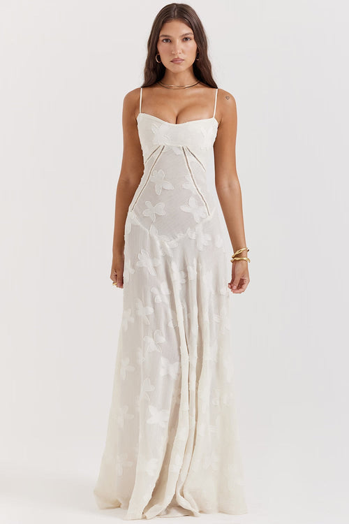 Women's Floral Maxi Dress - Spaghetti Strap - Sweetheart Neck - Corset Bodice - Floor Length Wedding Guest Dress