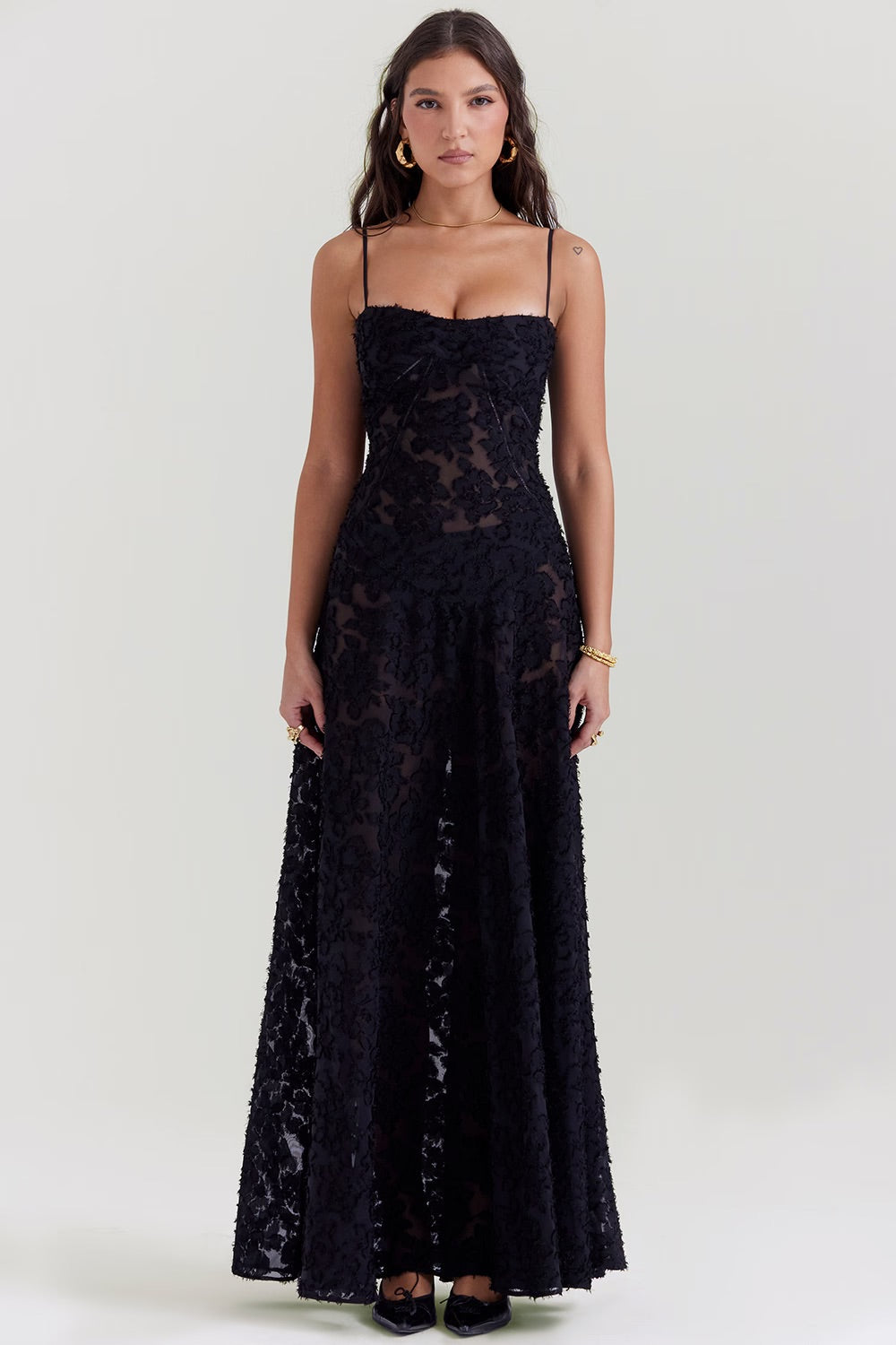 Women's Floral Maxi Dress - Spaghetti Strap - Sweetheart Neck - Corset Bodice - Floor Length Wedding Guest Dress