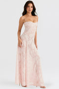 Women's Floral Maxi Dress - Spaghetti Strap - Sweetheart Neck - Corset Bodice - Floor Length Wedding Guest Dress