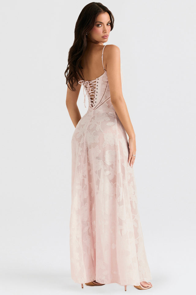 Women's Floral Maxi Dress - Spaghetti Strap - Sweetheart Neck - Corset Bodice - Floor Length Wedding Guest Dress