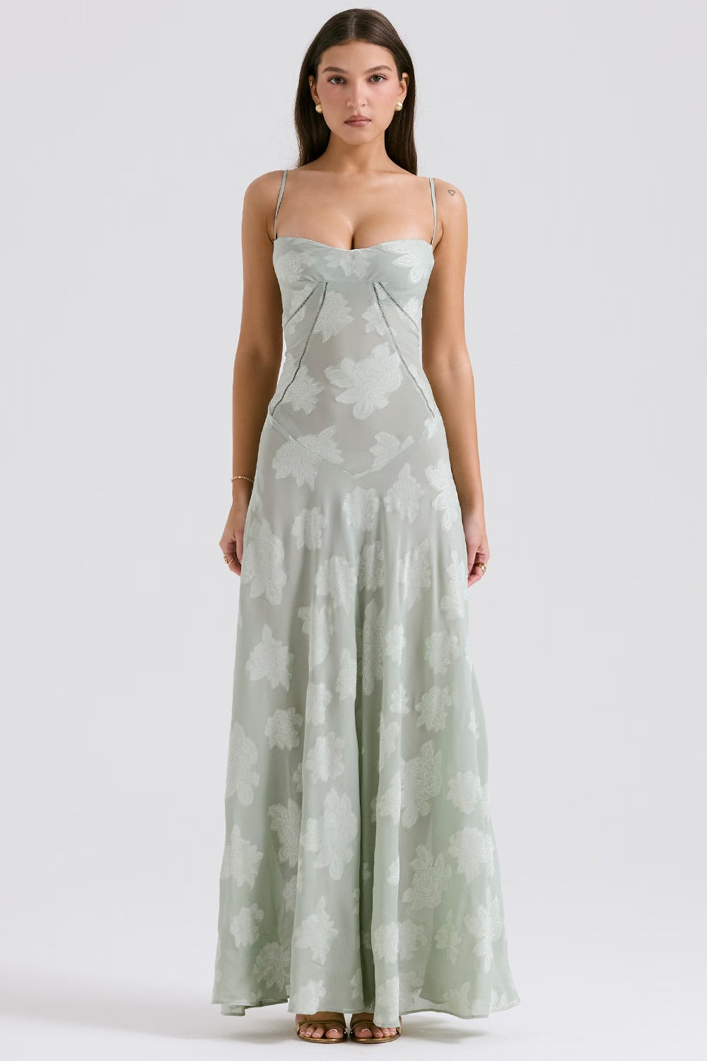 Women's Floral Maxi Dress - Spaghetti Strap - Sweetheart Neck - Corset Bodice - Floor Length Wedding Guest Dress