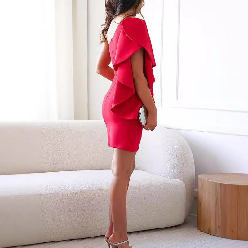 Women's Bodycon Mini Dress - One Shoulder - Tiered Ruffle Sleeve - Wrap Asymmetric Hem - Formal Mini Dress