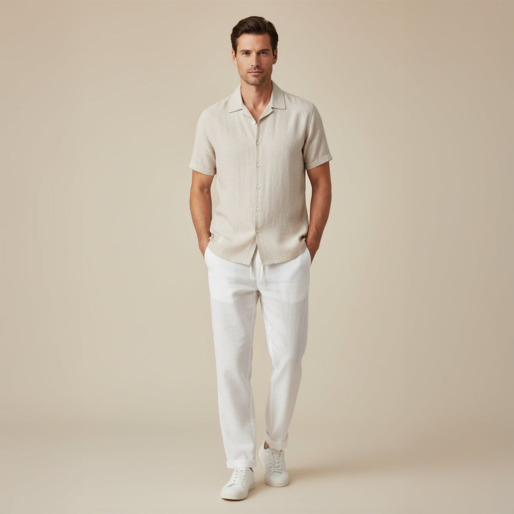 Men's Linen Blend Two-Piece Set - Casual Summer Short-Sleeve Button-Down Shirt and Drawstring Trousers