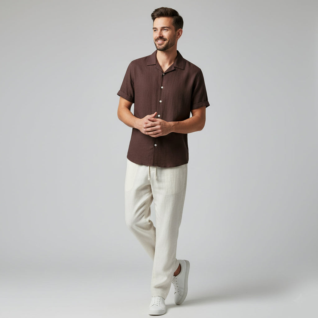 Men's Linen Blend Two-Piece Set - Casual Summer Short-Sleeve Button-Down Shirt and Drawstring Trousers