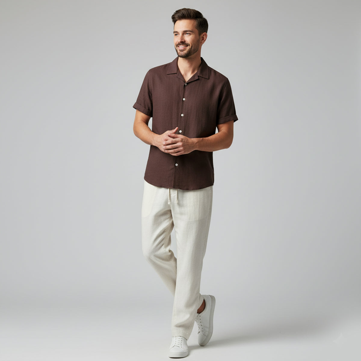 Men's Linen Blend Two-Piece Set - Casual Summer Short-Sleeve Button-Down Shirt and Drawstring Trousers