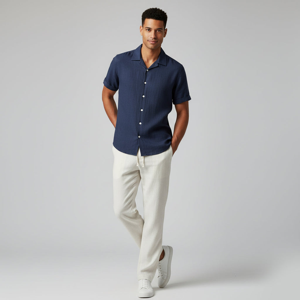 Men's Linen Blend Two-Piece Set - Casual Summer Short-Sleeve Button-Down Shirt and Drawstring Trousers
