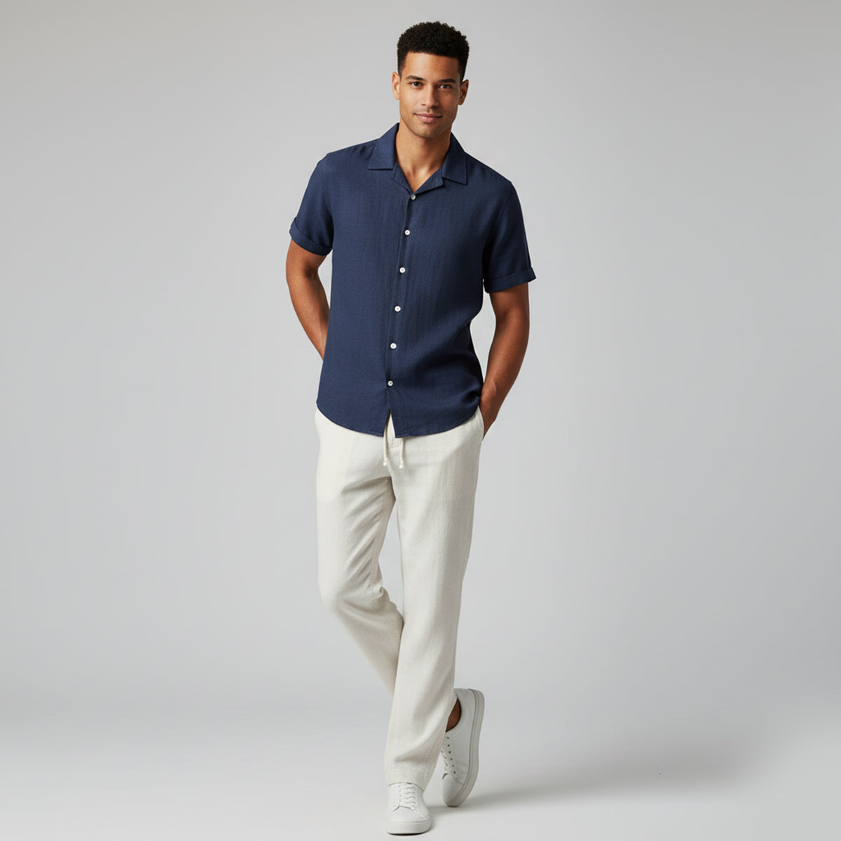 Men's Linen Blend Two-Piece Set - Casual Summer Short-Sleeve Button-Down Shirt and Drawstring Trousers