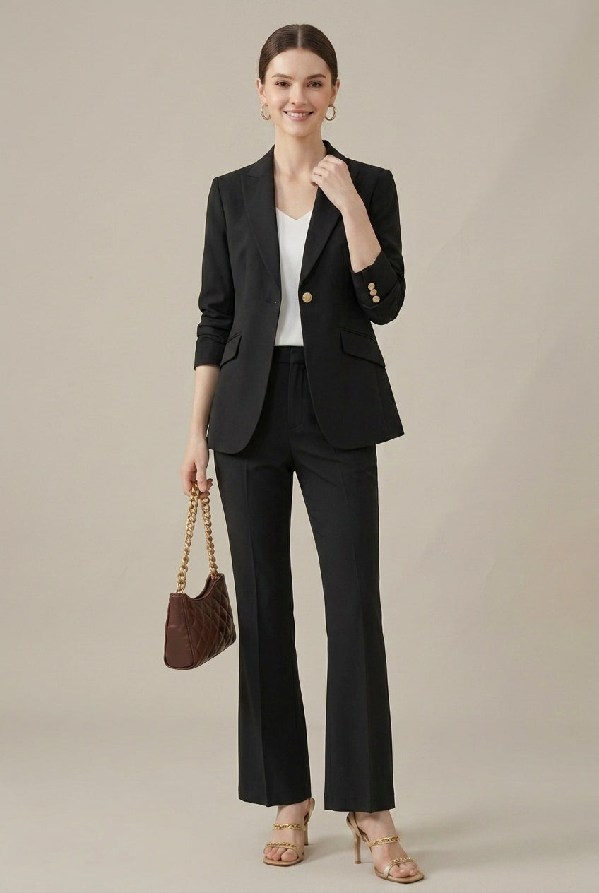 Women's Tailored Shawl Collar Blazer and Straight-Leg Trouser Set - Single-Breasted with Gold-Tone Buttons