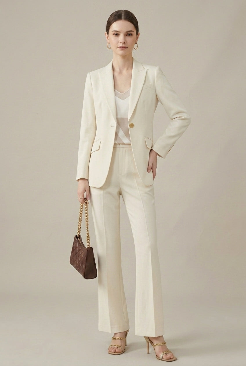 Women's Tailored Shawl Collar Blazer and Straight-Leg Trouser Set - Single-Breasted with Gold-Tone Buttons