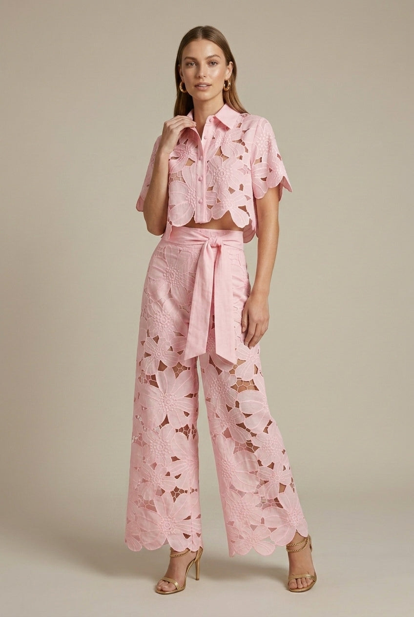 Women's Elegant Lace Two Piece Set - Cape Overlay Crop Top and Wide-Leg Trousers