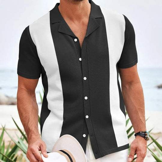 Men’s Short Sleeve Polo Shirt with Vertical Contrast Panels and Button Placket