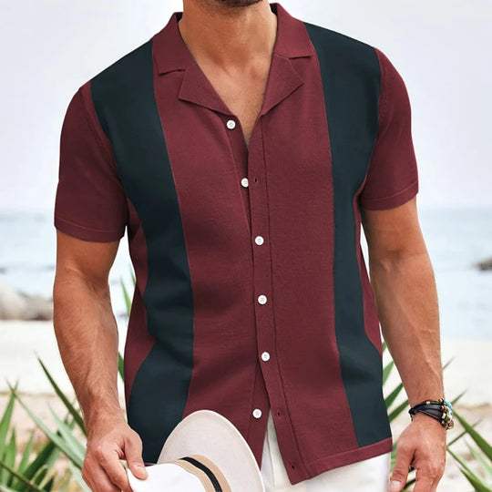 Men’s Short Sleeve Polo Shirt with Vertical Contrast Panels and Button Placket