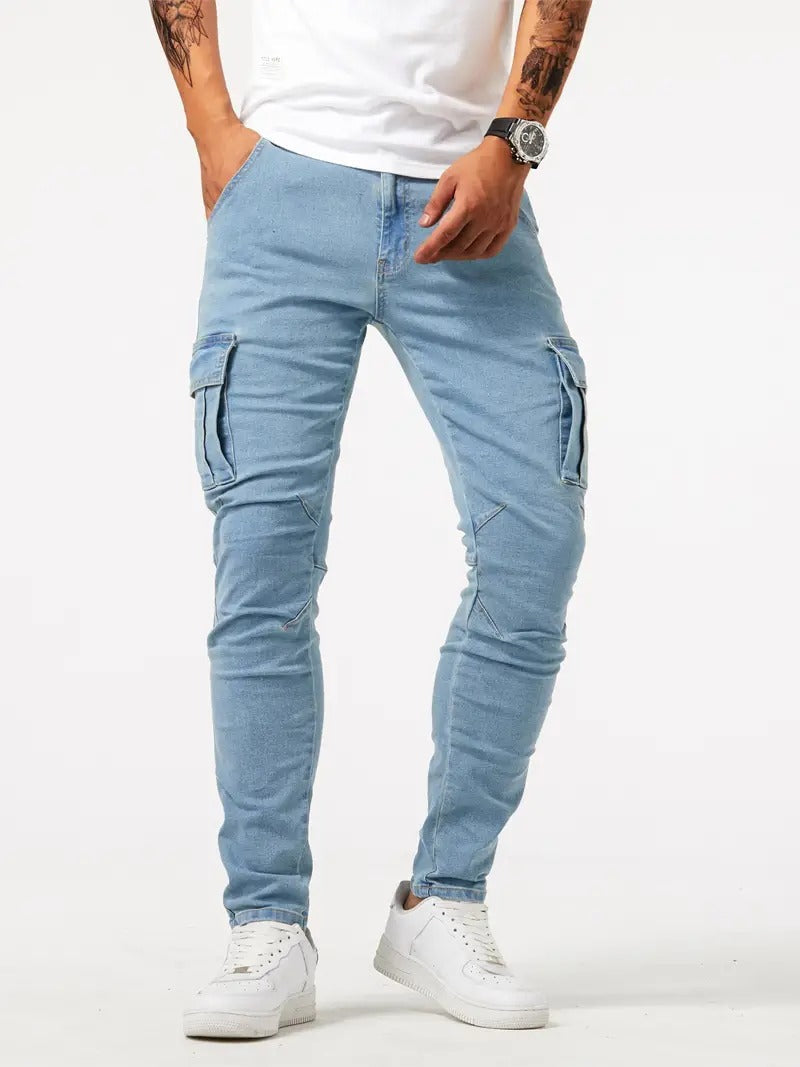 Men's Slim Tapered Leg Cargo Denim Jeans - Multi-Pocket Design with Flap Cargo Pockets