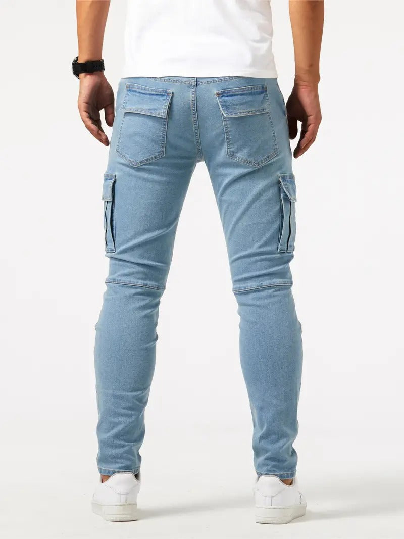 Men's Slim Tapered Leg Cargo Denim Jeans - Multi-Pocket Design with Flap Cargo Pockets