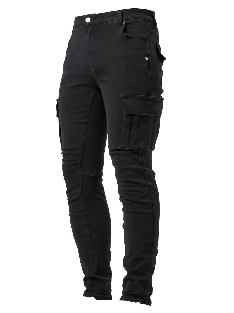 Men's Slim Tapered Leg Cargo Denim Jeans - Multi-Pocket Design with Flap Cargo Pockets
