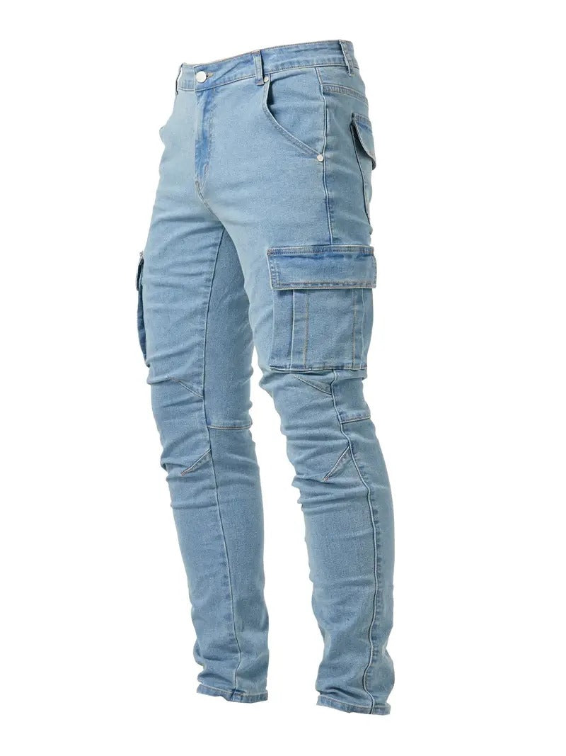 Men's Slim Tapered Leg Cargo Denim Jeans - Multi-Pocket Design with Flap Cargo Pockets