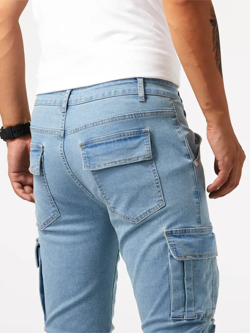 Men's Slim Tapered Leg Cargo Denim Jeans - Multi-Pocket Design with Flap Cargo Pockets