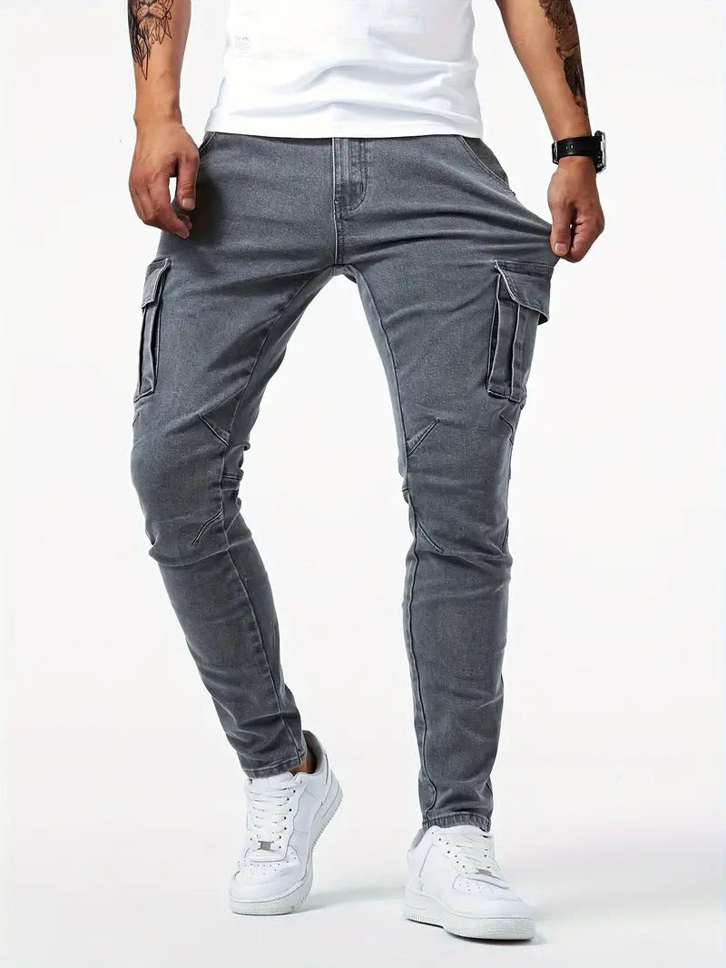 Men's Slim Tapered Leg Cargo Denim Jeans - Multi-Pocket Design with Flap Cargo Pockets