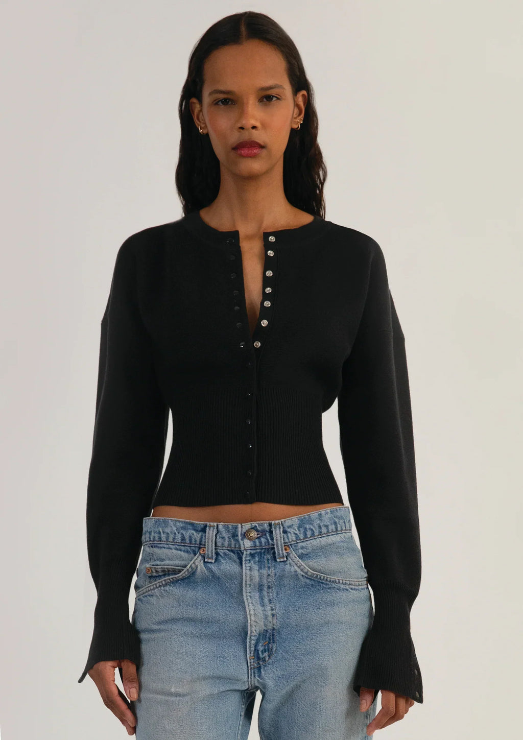 Women’s Cropped Long Sleeve Button-Up Knit Cardigan